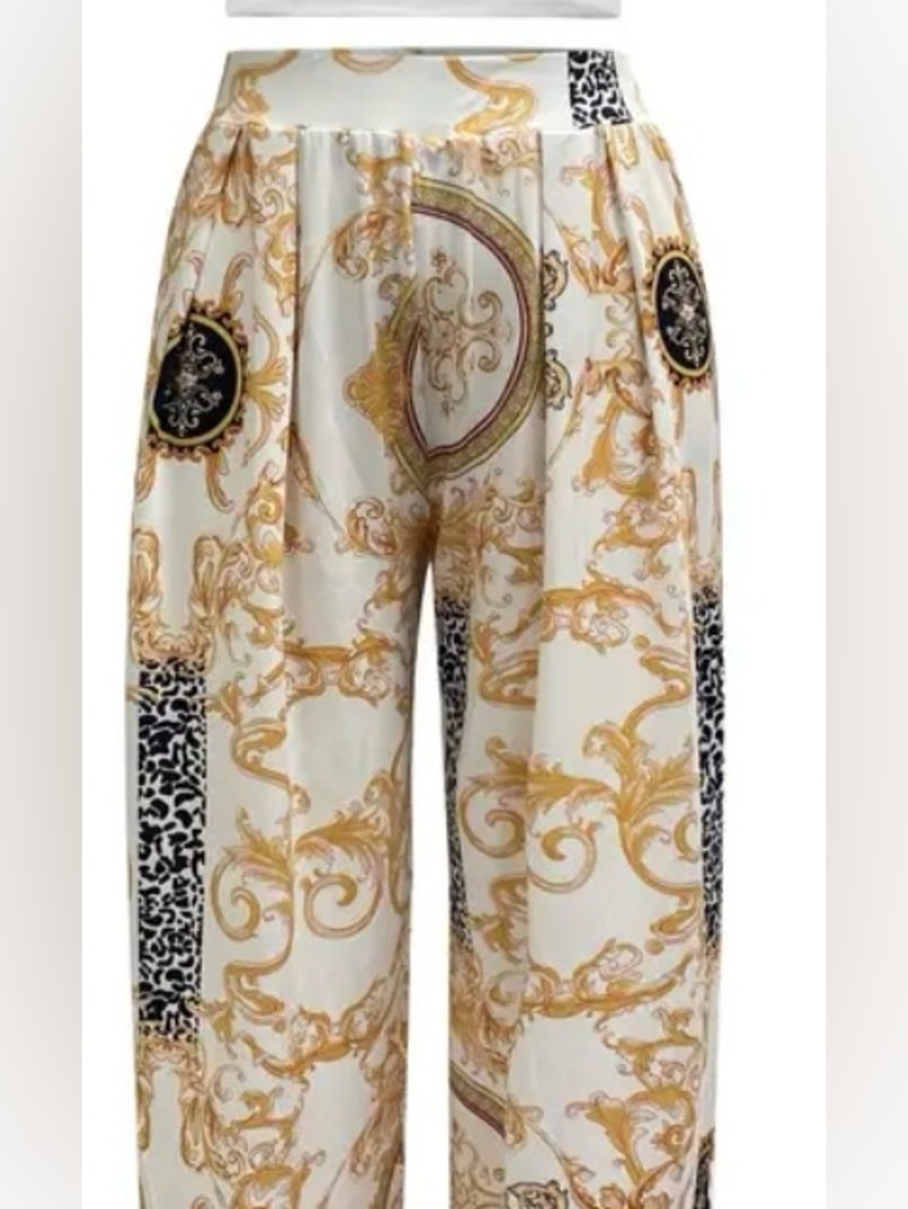 NWOT Boutique Baroque Print Wide Leg Pants Medium M Gold Chain Leopard Satin Tro